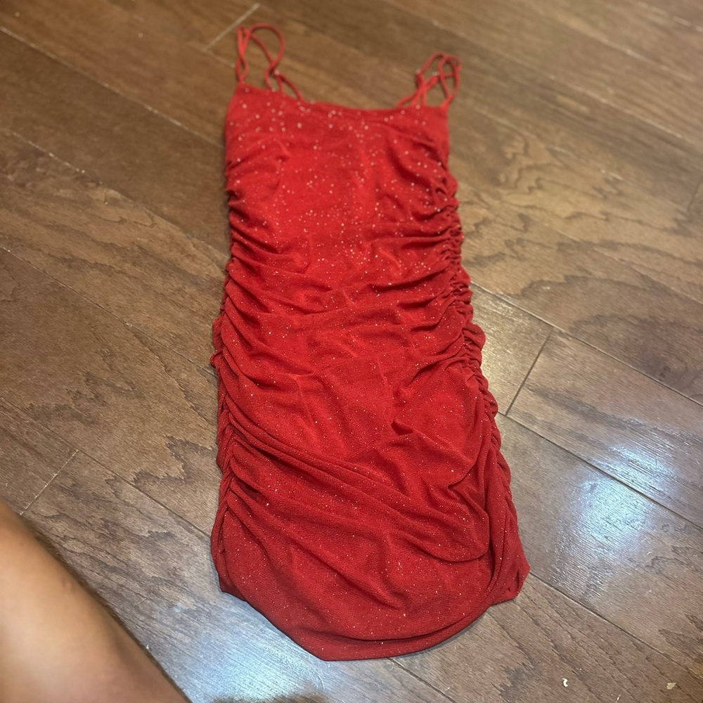 Lucy in the Sky Sparkling Red Ruched Mini Dress